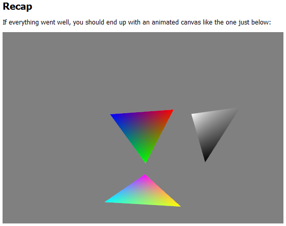 WebGL lesson one, example of what would be seen in a browser.